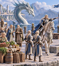 Groupe elfes du port épée - lance - bouclier - cheval - serpent - villageois