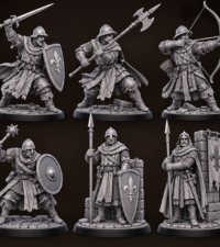 Groupe gardes miliciens lance - épée - mace - arc - hallebarde