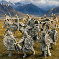 Groupe vikings arc - épée - lance - bouclier - armure - cheval