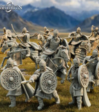 Groupe vikings arc - épée - lance - bouclier - armure - cheval