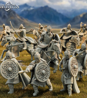 Groupe vikings arc - épée - lance - bouclier - armure - cheval