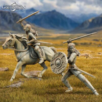 Groupe de héros femme viking épée - bouclier - cheval