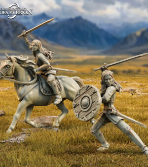 Groupe de héros femme viking épée - bouclier - cheval