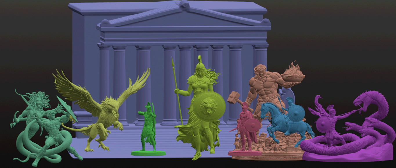 Rendu 3D des figurines de la faction Grecs du jeu Gloire Aux Dieux